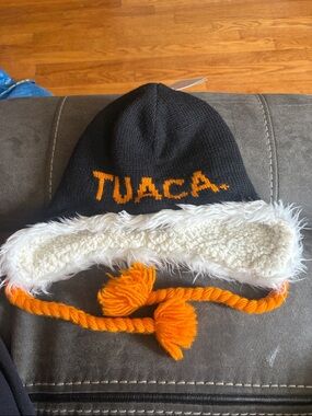 Cozy Tuaca Black Winter Hat with Orange Trim and Faux-Fur Lining